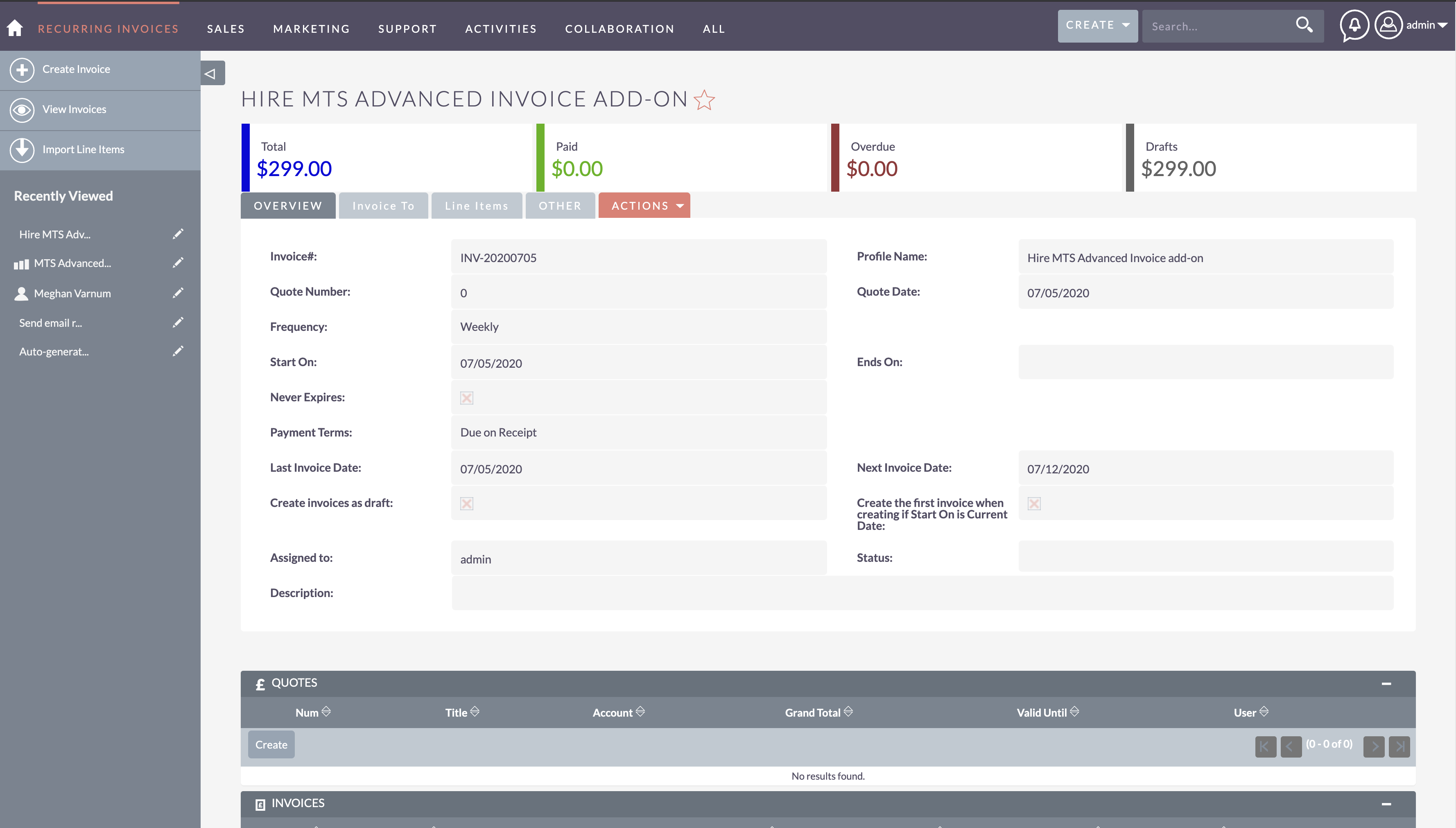 Manage recurring invoice in SuiteCRM