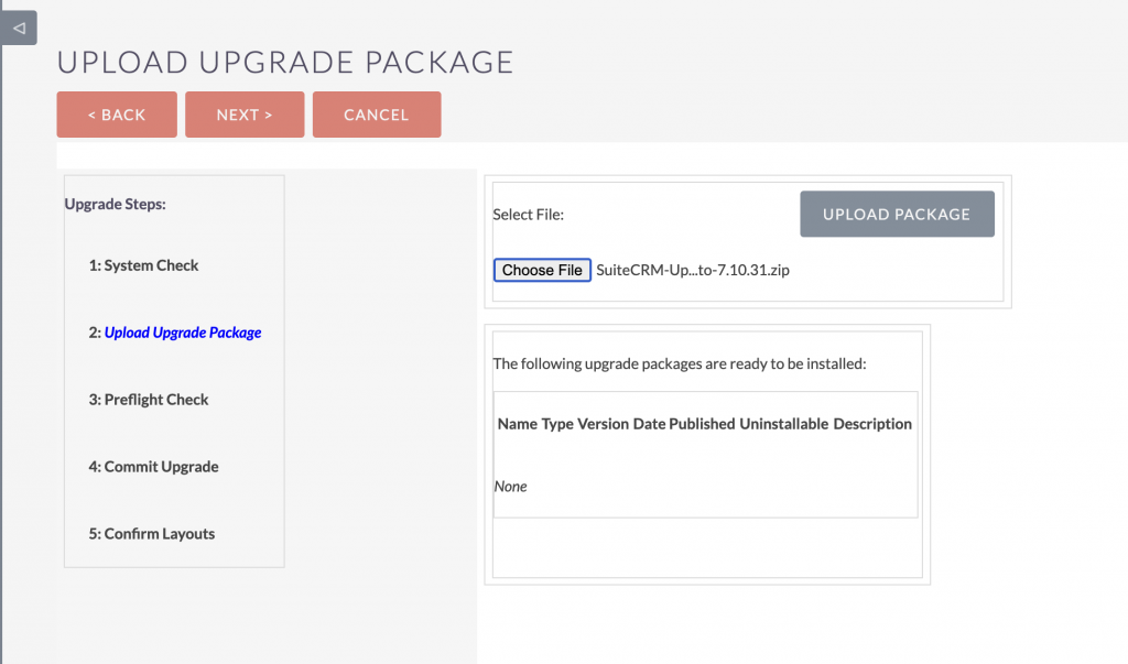 SuiteCRM upload upgrades package