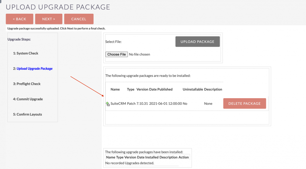 SuiteCRM upgrade packages upgraded