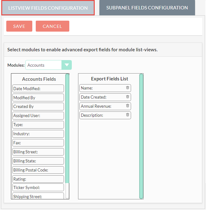 Custom field selection for export