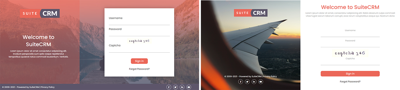 A sleek SuiteCRM login page decorated with custom branding